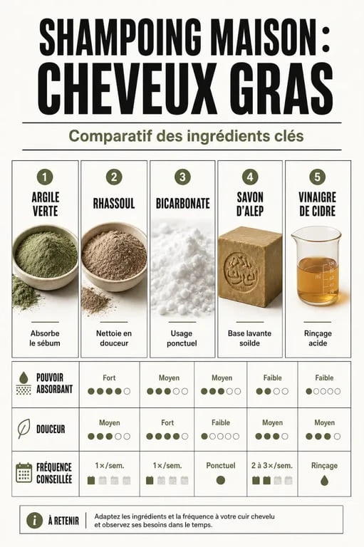 Comparatif des ingrédients pour un shampoing maison pour cheveux gras