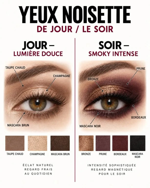 Maquillage de jour et smoky-eye du soir pour maquiller les yeux noisettes