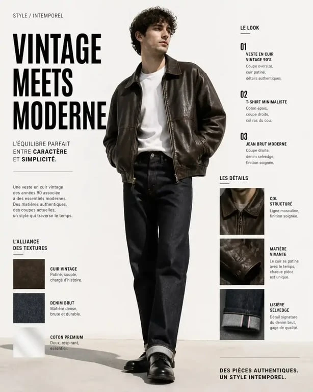 Look style vintage mélangeant une veste en cuir ancienne et des pièces modernes