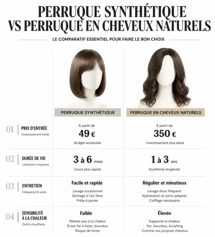 Comparatif perruque synthétique et cheveux naturels prix et entretien