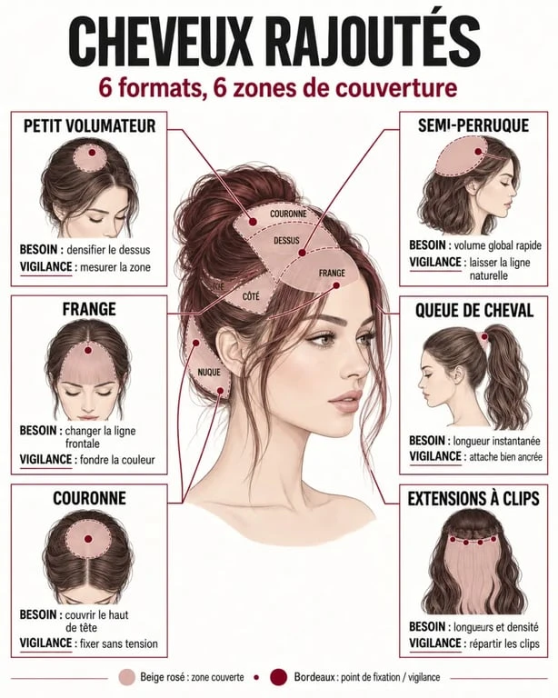 Infographie des différents types de cheveux rajout selon la zone et le besoin