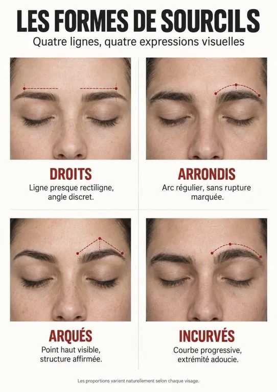 Infographie des différentes formes de sourcils : droits, arrondis, arqués et incurvés