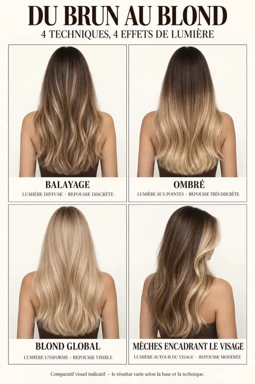 Coloration blond pour brune : comparaison visuelle du balayage, de l’ombré, du blond global et des mèches