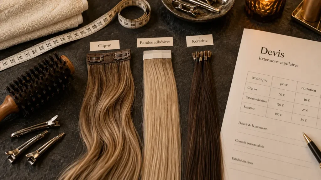 Extension cheveux prix : mèches clip-in, tape et kératine, devis en cabine de coiffure