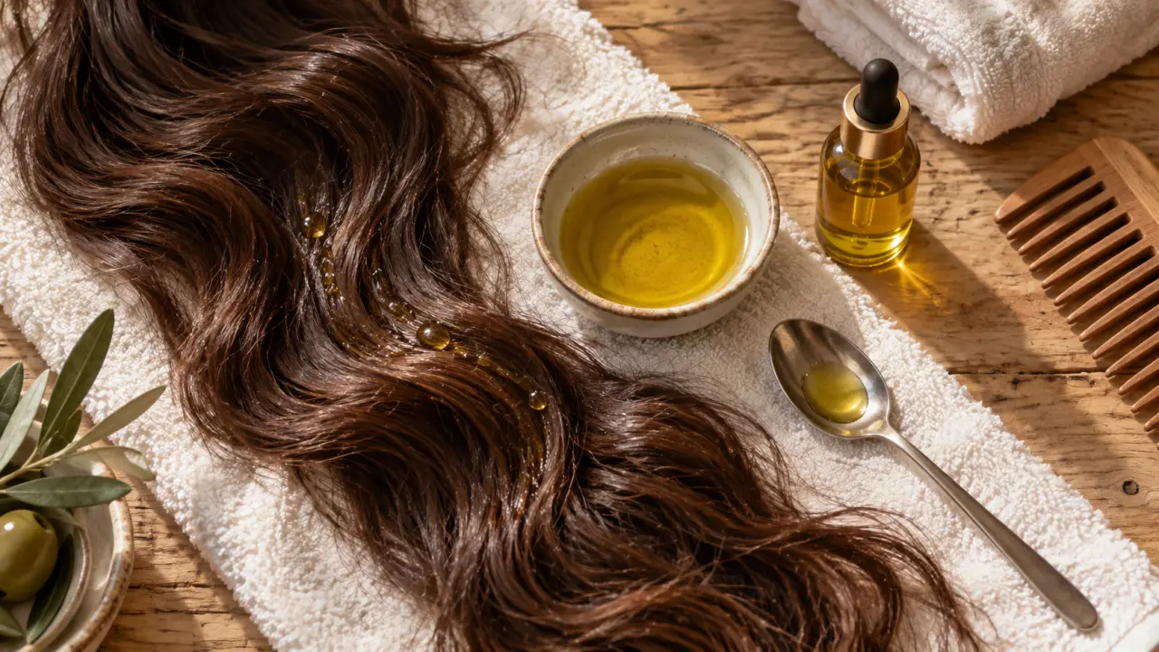huile d olive masque cheveux sur mi-longueurs, gouttes d’huile brillantes