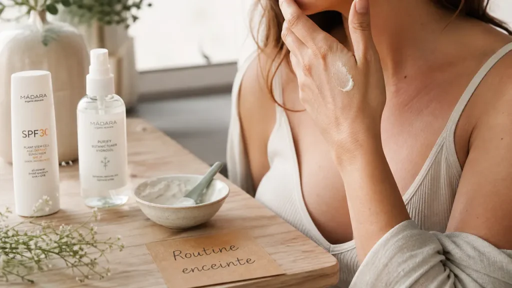 Soin du visage femme enceinte : crème hydratante et protection solaire minérale sur le visage