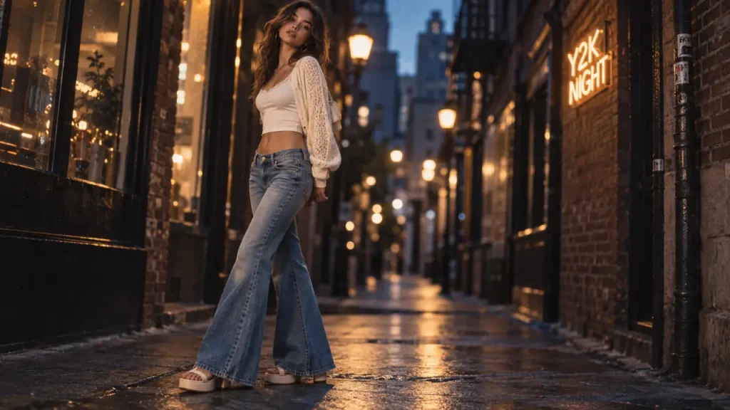 Tenue année 2000 Y2K : jean évasé, haut court blanc, cardigan crème, sandales plateforme
