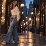 Tenue année 2000 Y2K : jean évasé, haut court blanc, cardigan crème, sandales plateforme
