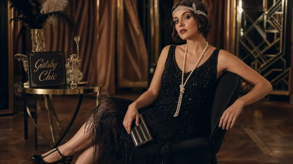 Tenue femme année 20 Gatsby chic : robe noire franges et perles