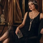 Tenue femme année 20 Gatsby chic : robe noire franges et perles