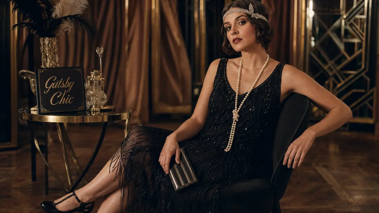 Tenue femme année 20 Gatsby chic : robe noire franges et perles