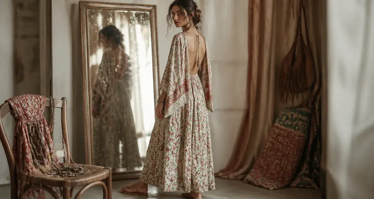 Tenue hippies femme : robe fluide hippie fleurie et sandales
