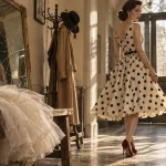 Vêtement annee 50 : robe swing pois noirs, silhouette rétro