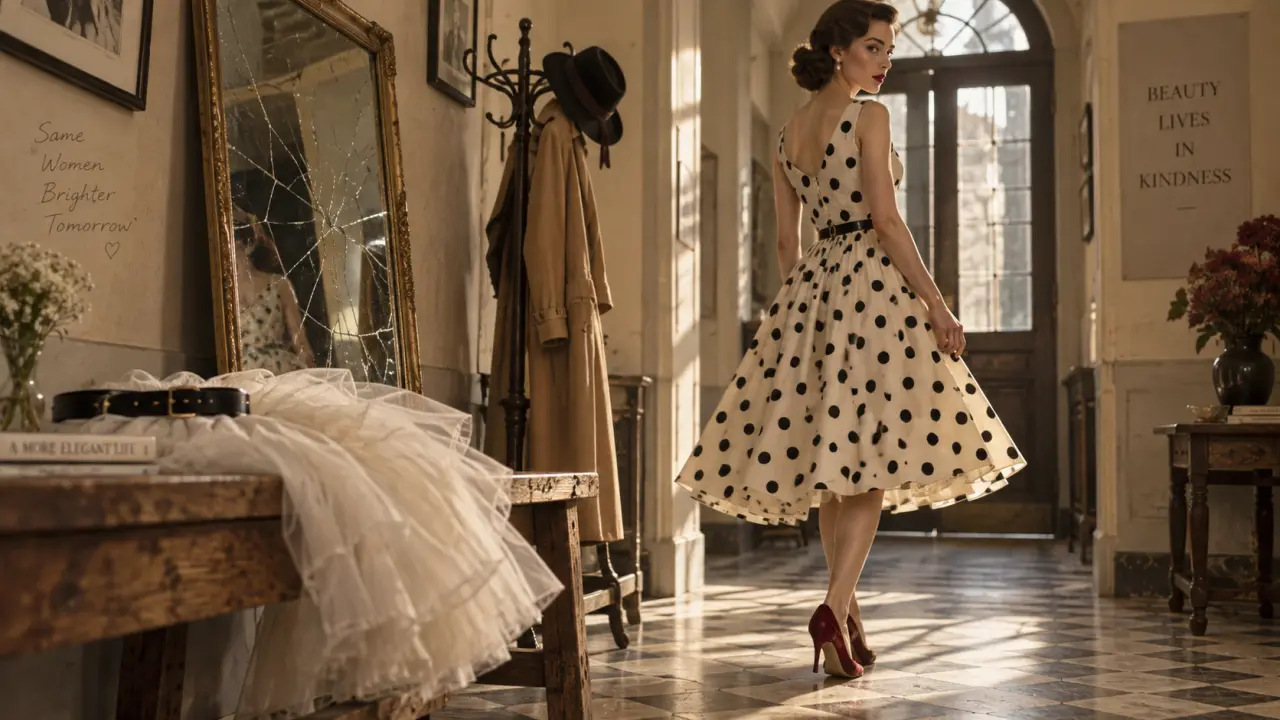 Vêtement annee 50 : robe swing pois noirs, silhouette rétro