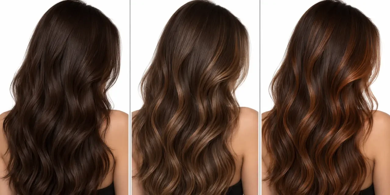 Inspiration de cheveux châtain foncé avec balayage noisette et reflets cuivrés