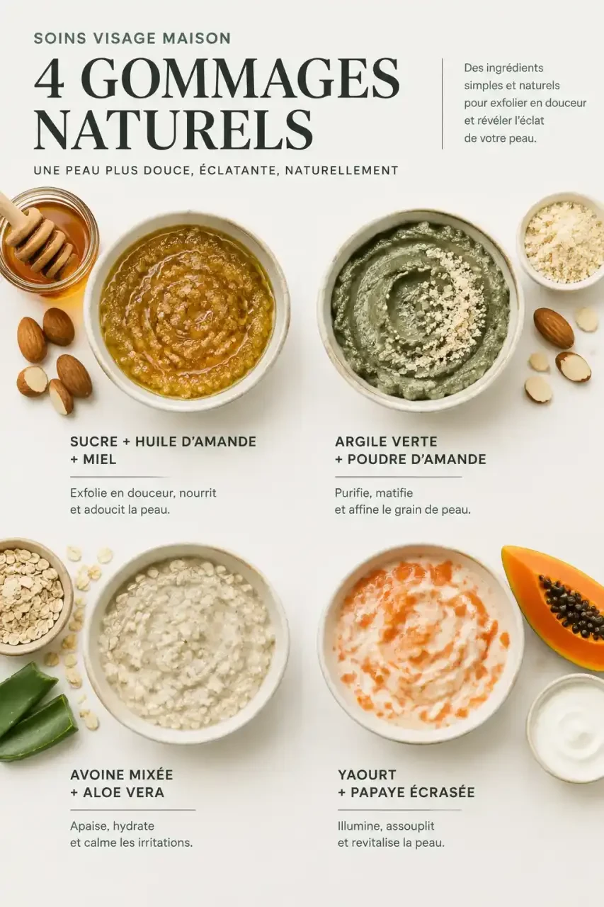 Quatre recettes de gommage visage maison dans des bols : sucre et miel, argile verte, avoine et aloe vera, yaourt et papaye