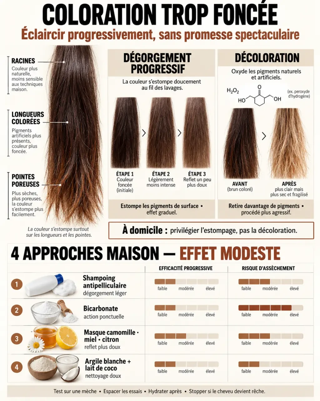 Infographie pour comprendre comment éclaircir une coloration trop foncée naturellement et limiter l’assèchement