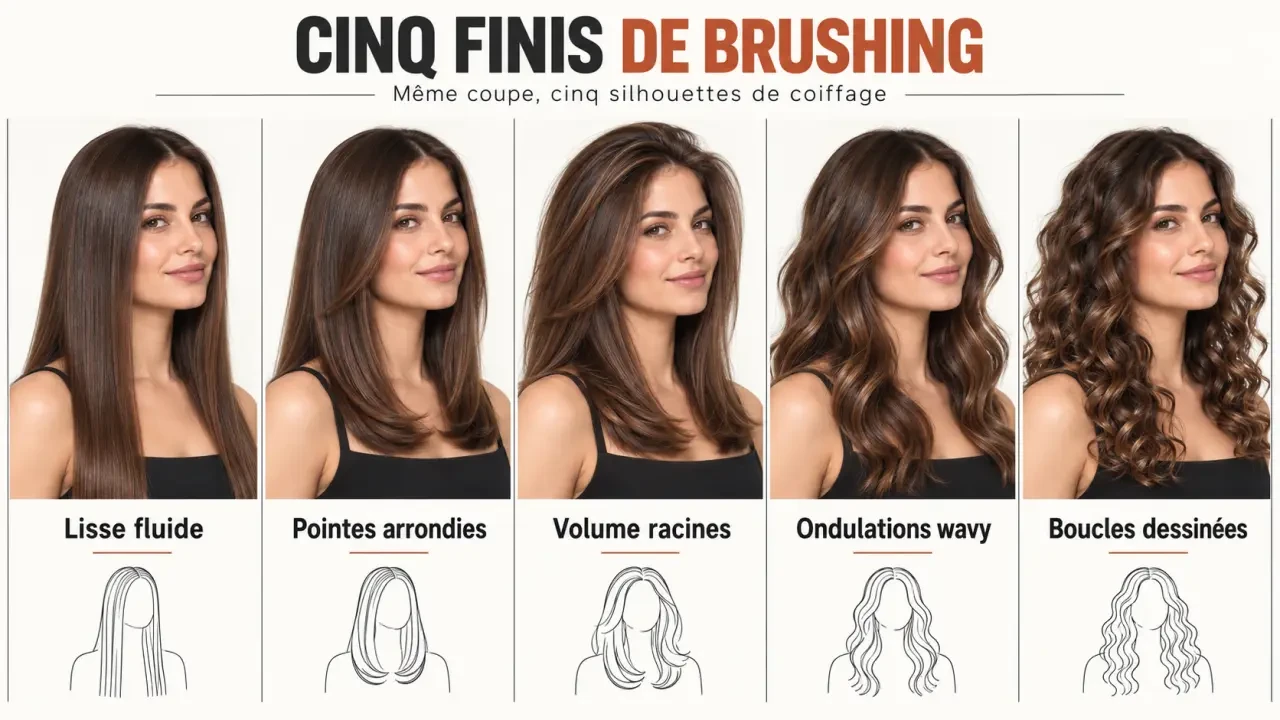 Comparaison de cinq styles de brushing femme : lisse, souple, volumineux, wavy et bouclé