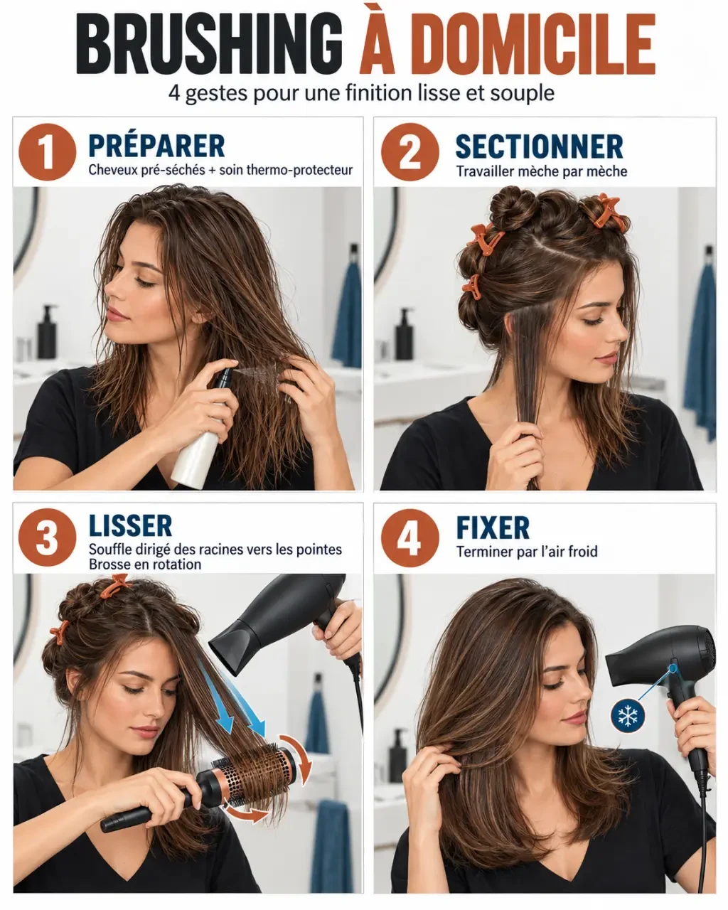 Étapes d’un brushing femme avec protection thermique, brosse ronde et finition à l’air froid