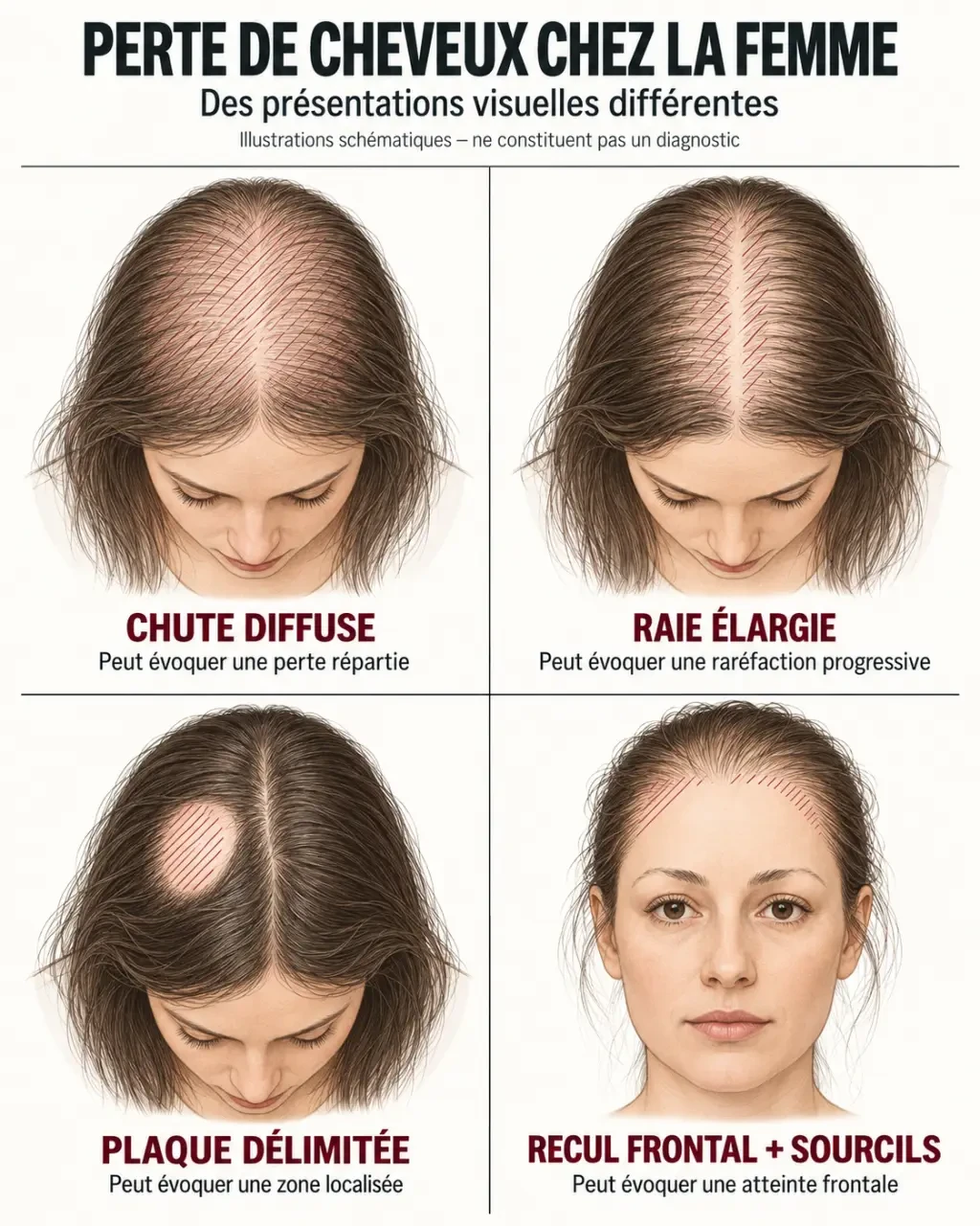 Infographie sur la perte de cheveux chez la femme selon la répartition de la chute