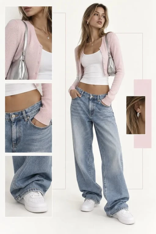 Look année 2000 avec jean baggy, top ajusté et sac baguette