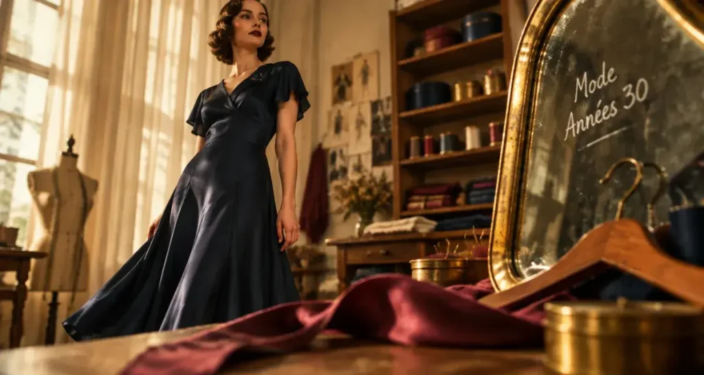 Femme annee 30 en robe années 30 glamour, satin coupé en biais, atelier lumineux
