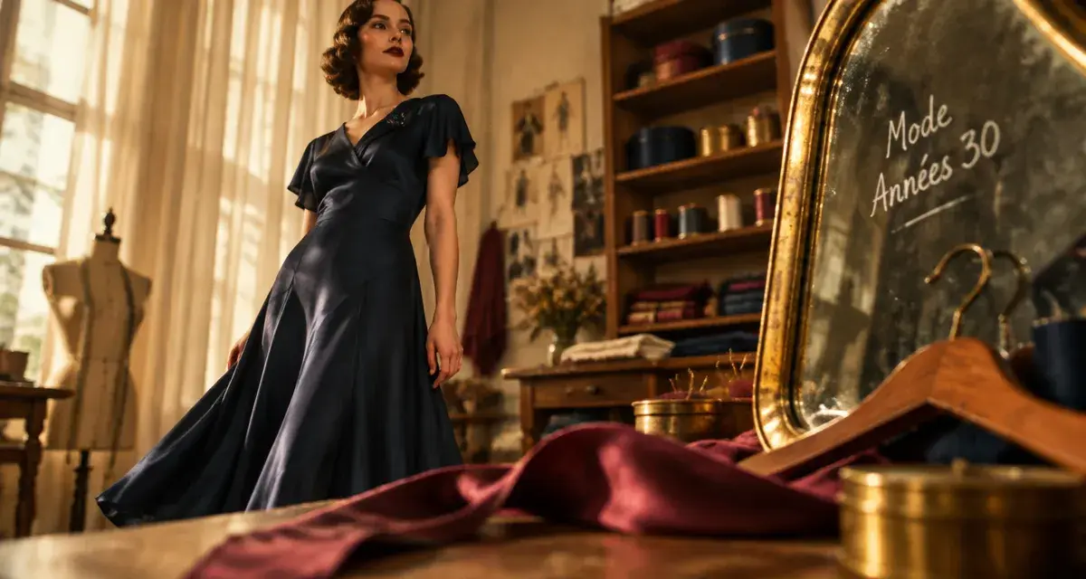 Femme annee 30 en robe années 30 glamour, satin coupé en biais, atelier lumineux
