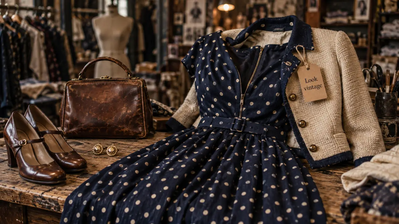 look vintage robe à pois bleu nuit et veste années 50, atelier