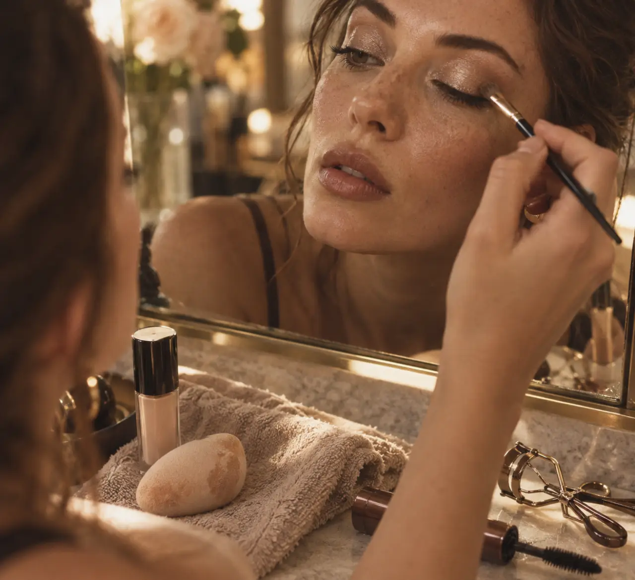 Maquillage pour agrandir les yeux après 50 ans : fard champagne sur la paupière