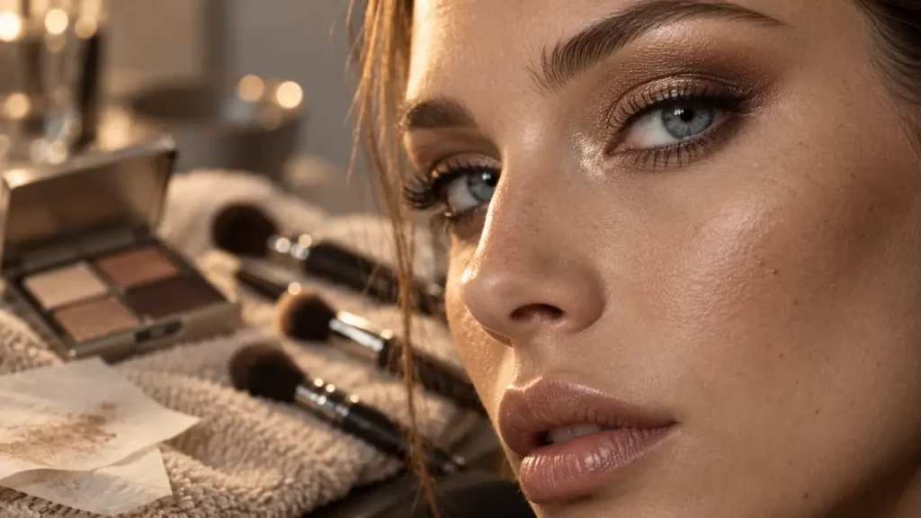 Maquillage pour les yeux bleus gris : cuivré prune bronze, paupière satinée