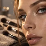 Maquillage pour les yeux bleus gris : cuivré prune bronze, paupière satinée