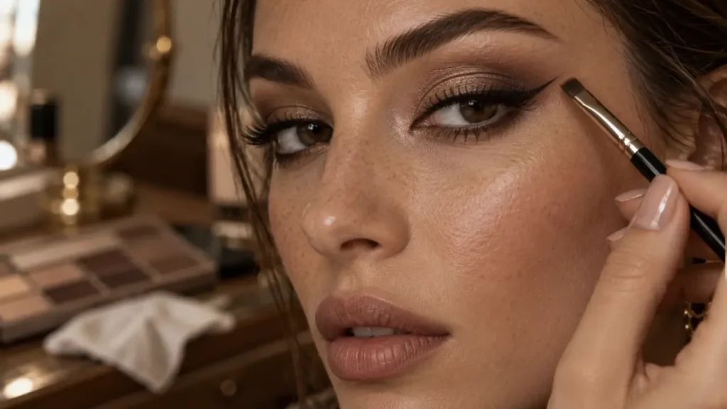 Maquiller des yeux ronds : liner fin et dégradé taupe pour étirer le regard