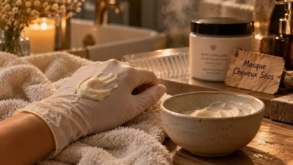 Masque cheveux tres sec : une noisette de masque crème sur peau humide, salle de bain