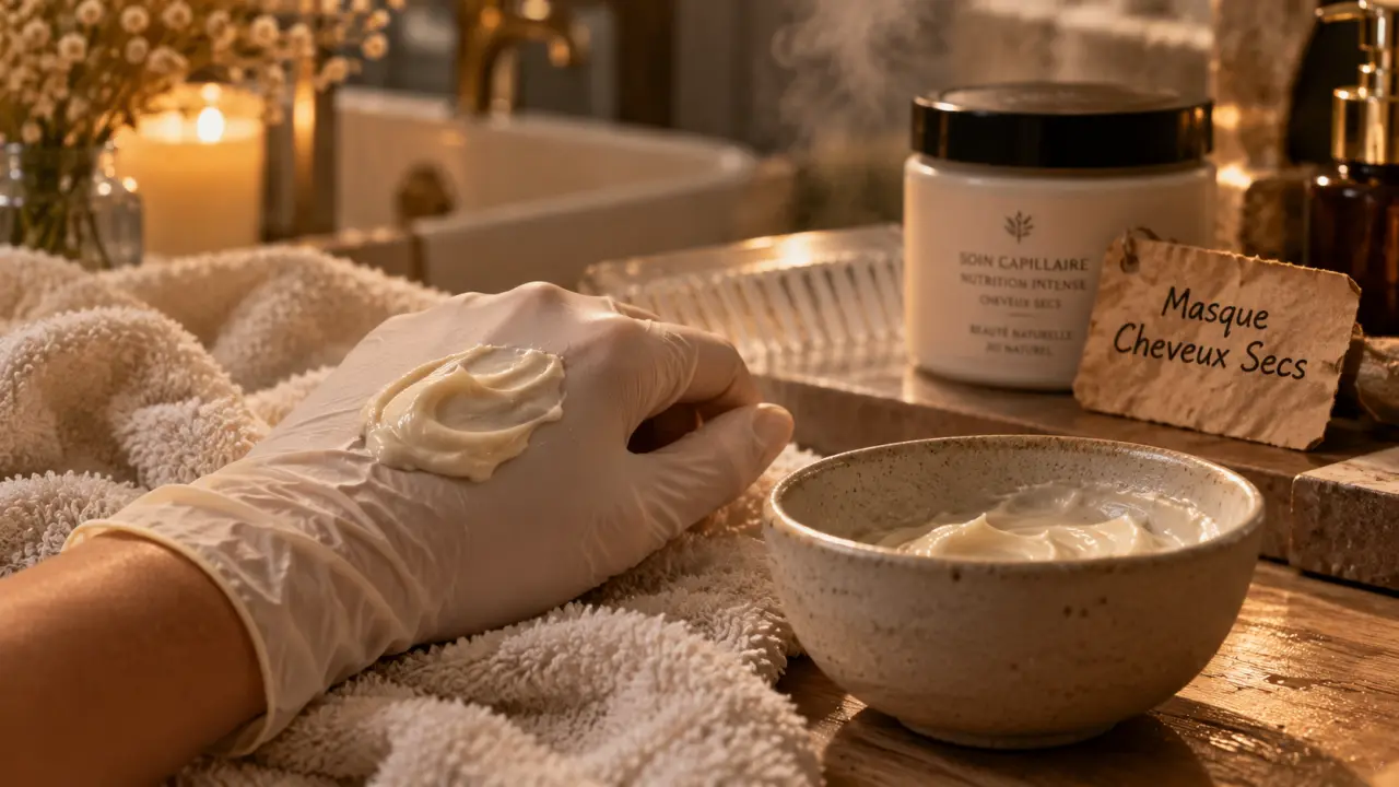 Masque cheveux tres sec : une noisette de masque crème sur peau humide, salle de bain