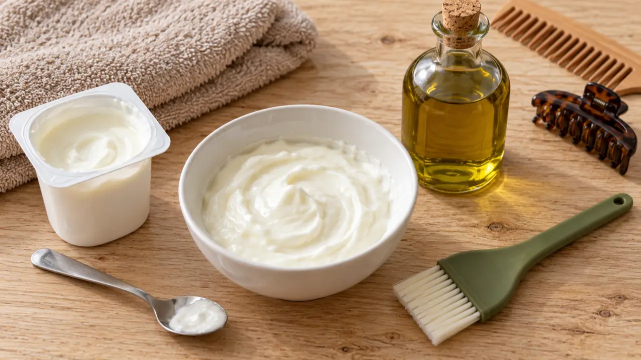 Masque pour les cheveux maison au yaourt crémeux, sur table en bois