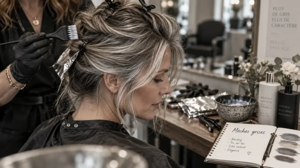 Meche grise femme fondue sans démarcation, salon capillaire
