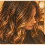 Meches caramel et miel sur cheveux bruns, sans orange