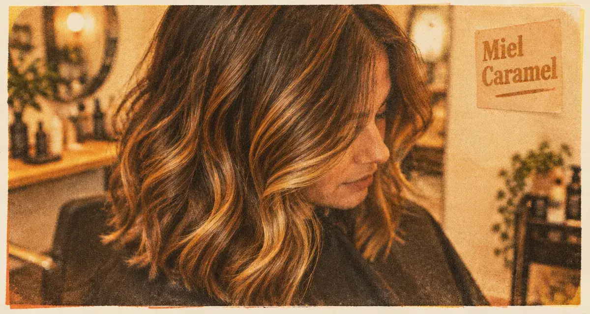 Meches caramel et miel sur cheveux bruns, sans orange