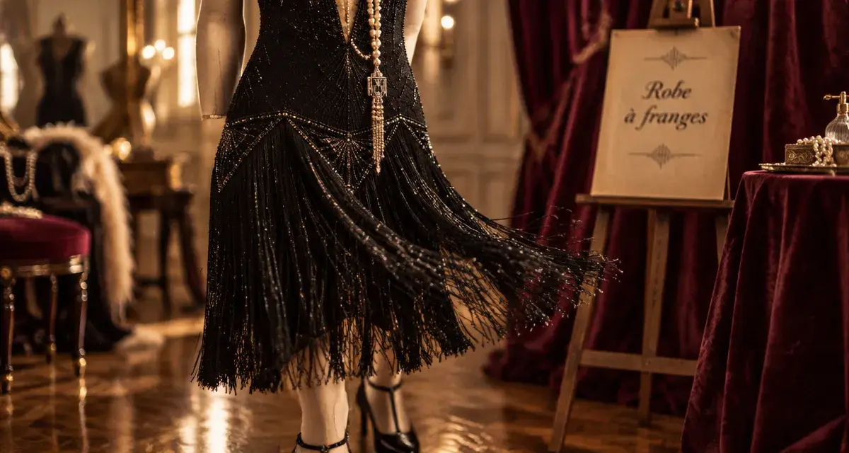 Mode annee 20 femme : robe noire à franges et perles, style Gatsby