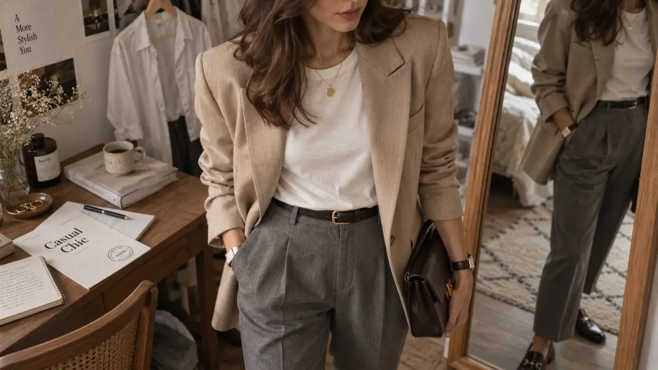 Tenue chic femme bureau au mariage : blazer beige, pantalon gris, style Casual Chic